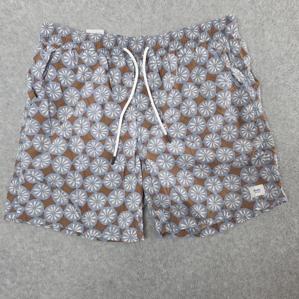 Katin Pond Volley Trunk Board Shorts Mens Medium Spring Blue 5" Geometric Flower